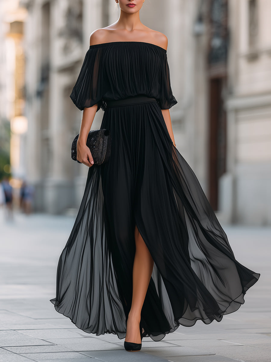 Annetta - Schwarzes Off-Shoulder Plissiertes Chiffon Maxikleid