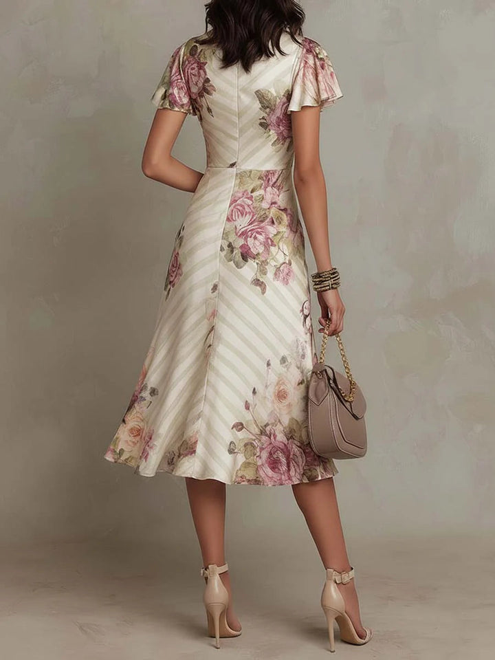 Alba | Elegantes retro florales Satin-Midikleid