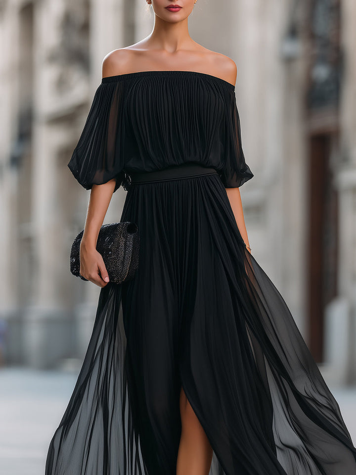 Annetta - Schwarzes Off-Shoulder Plissiertes Chiffon Maxikleid