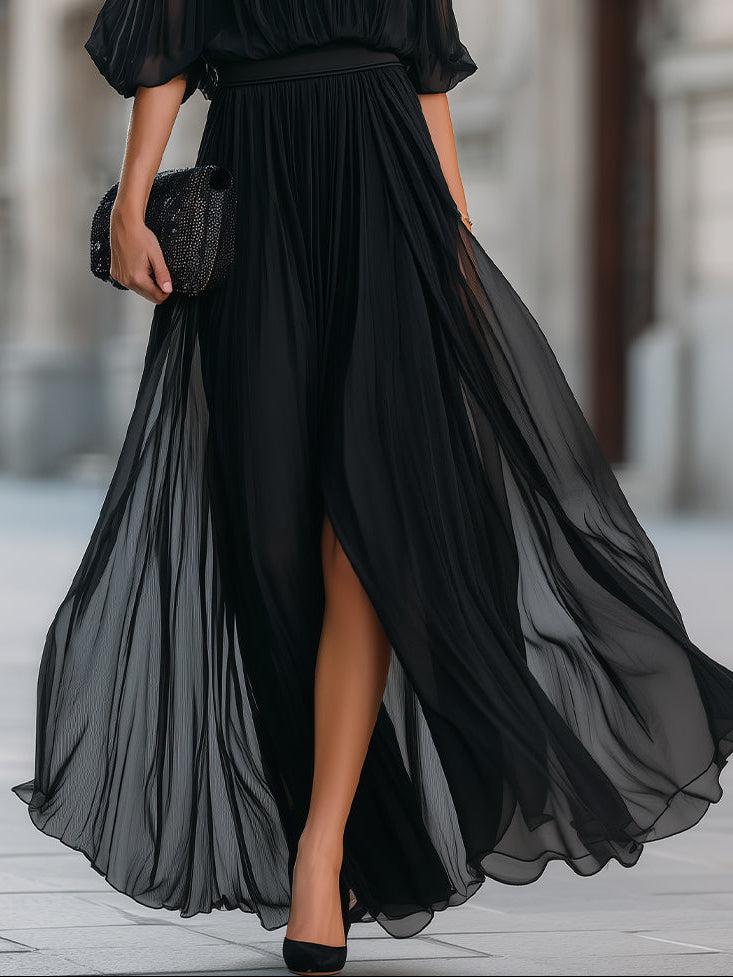 Annetta - Schwarzes Off-Shoulder Plissiertes Chiffon Maxikleid