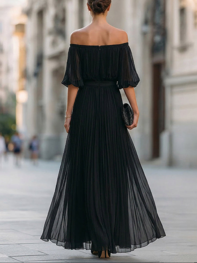 Annetta - Schwarzes Off-Shoulder Plissiertes Chiffon Maxikleid