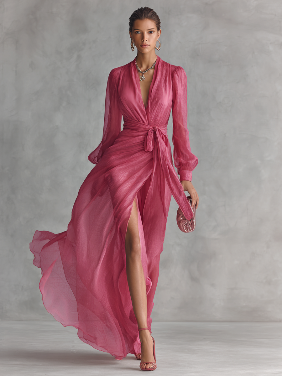 Rosen-Chiffonkleid mit V-Ausschnitt