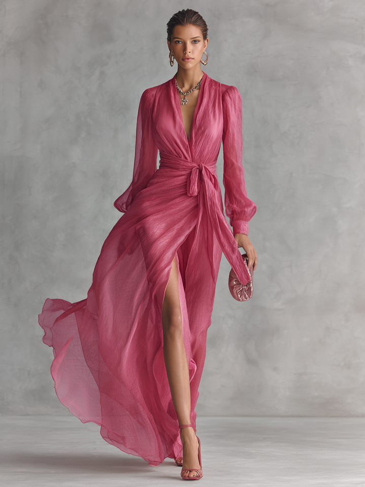 Rosen-Chiffonkleid mit V-Ausschnitt