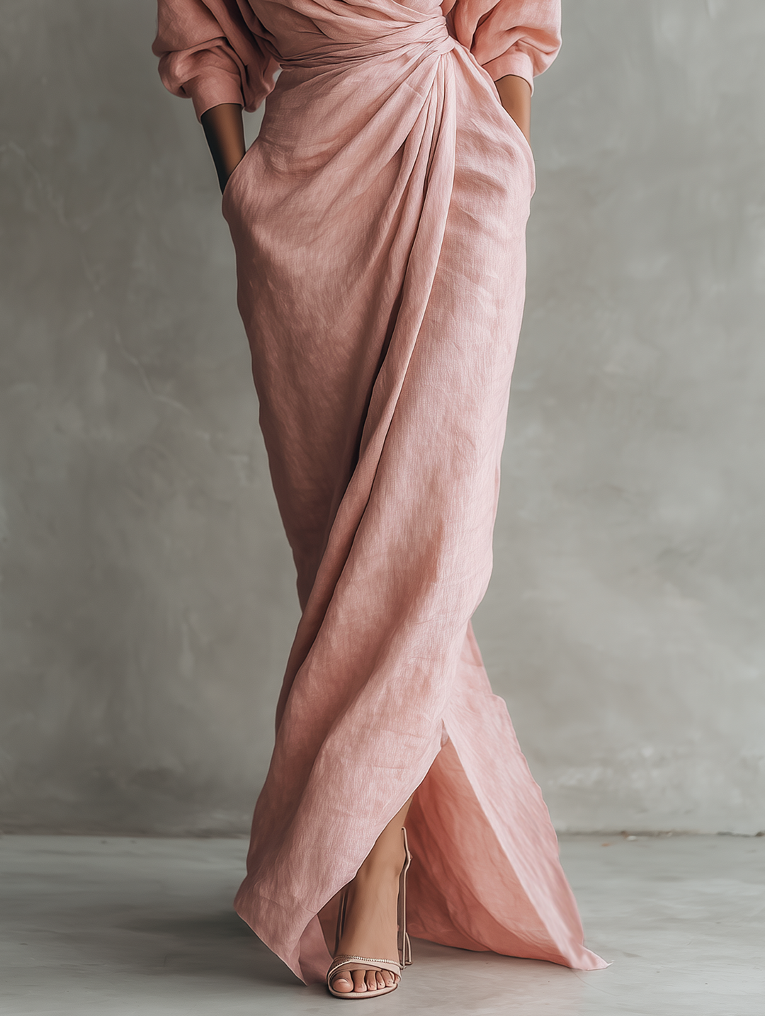 Rosen Leinen V-Ausschnitt Maxikleid