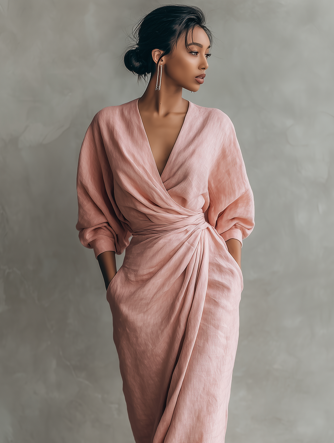 Rosen Leinen V-Ausschnitt Maxikleid