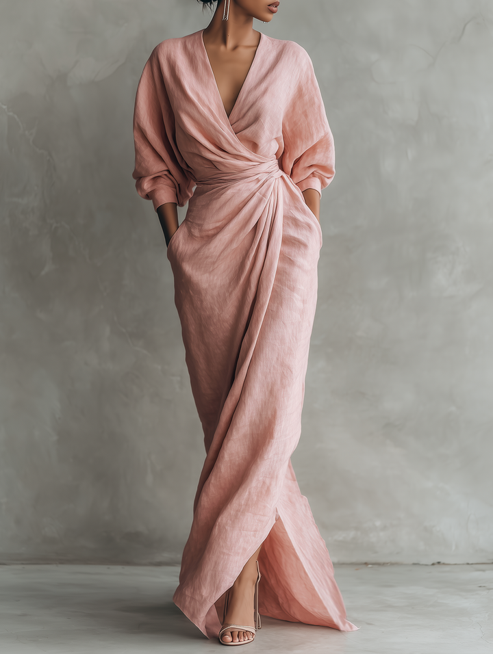 Rosen Leinen V-Ausschnitt Maxikleid