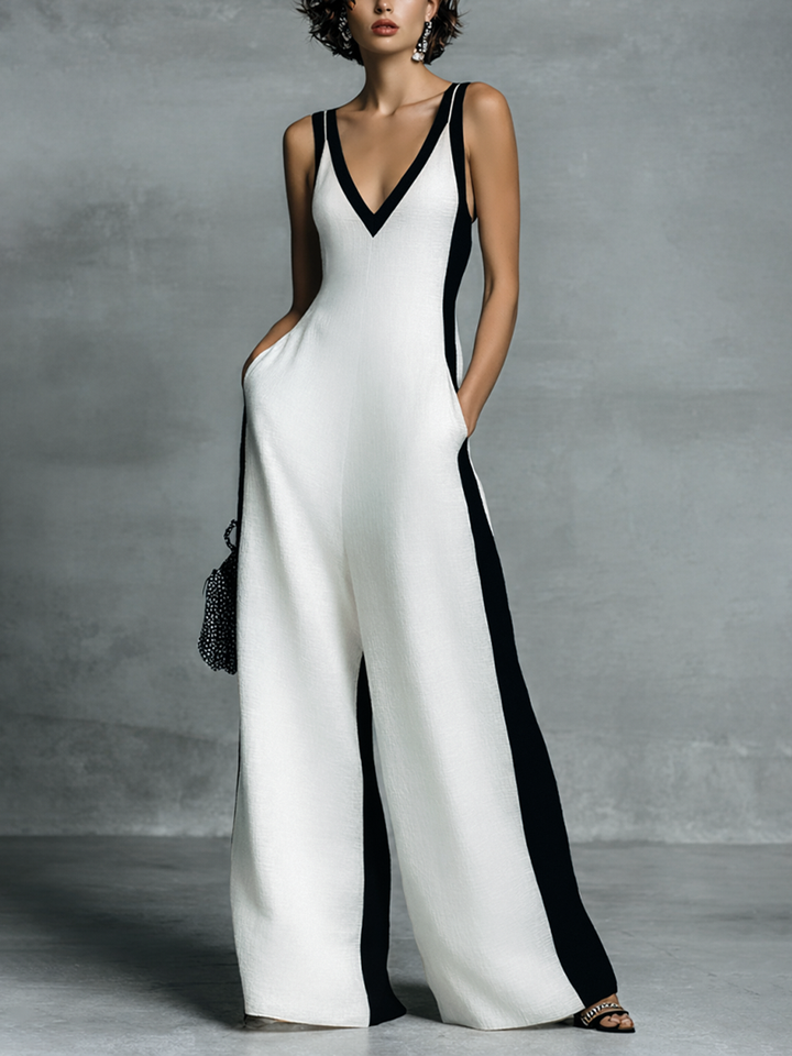 Celine | Schwarzer &amp; Weisser Farbblock weiter Bein Jumpsuit