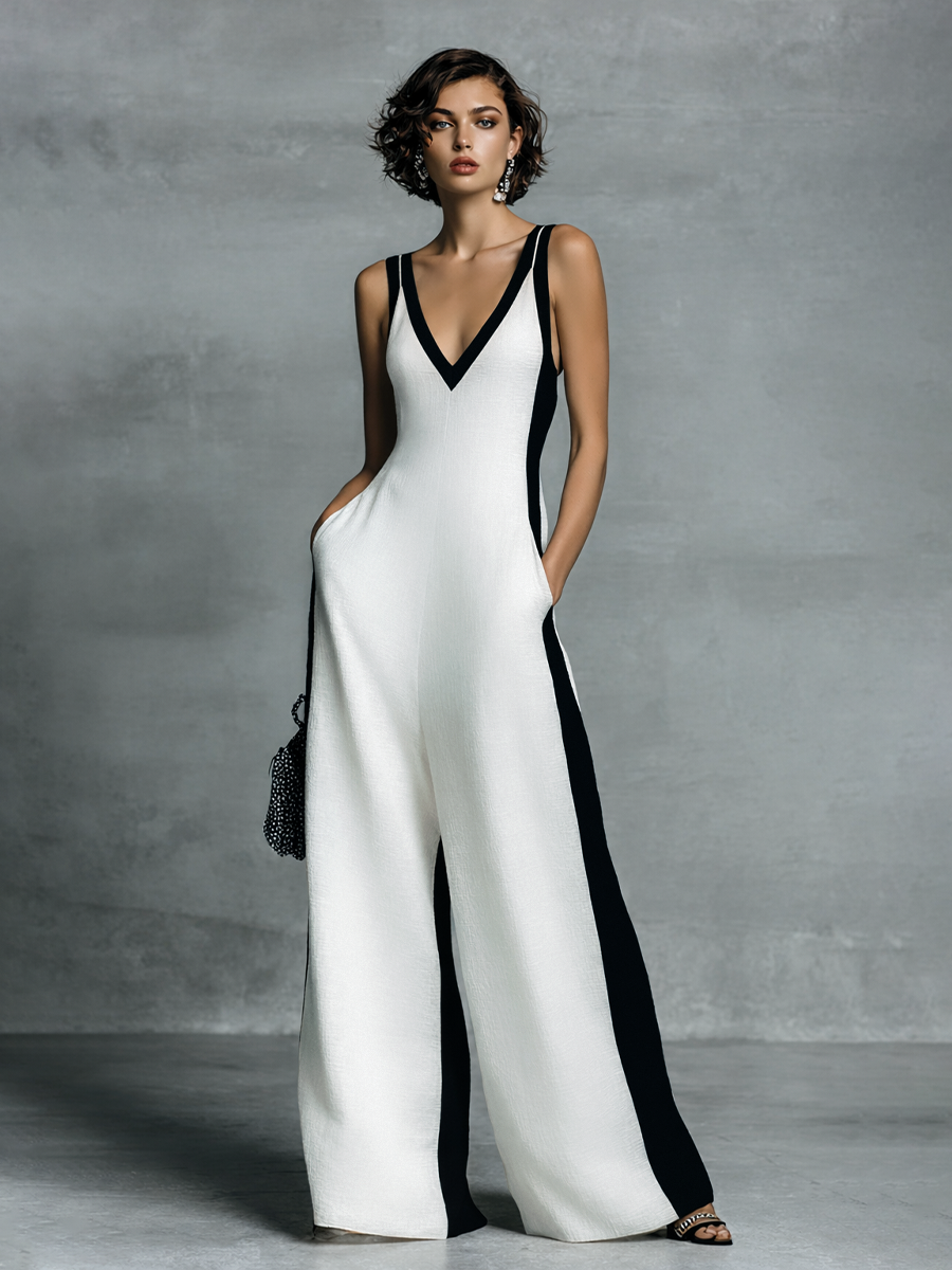 Celine | Schwarzer &amp; Weisser Farbblock weiter Bein Jumpsuit
