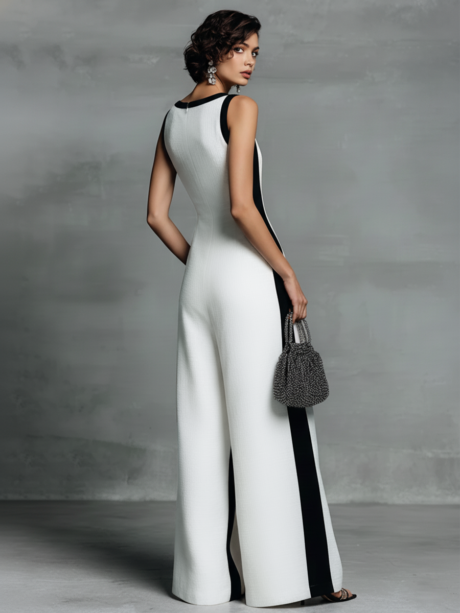 Celine | Schwarzer &amp; Weisser Farbblock weiter Bein Jumpsuit