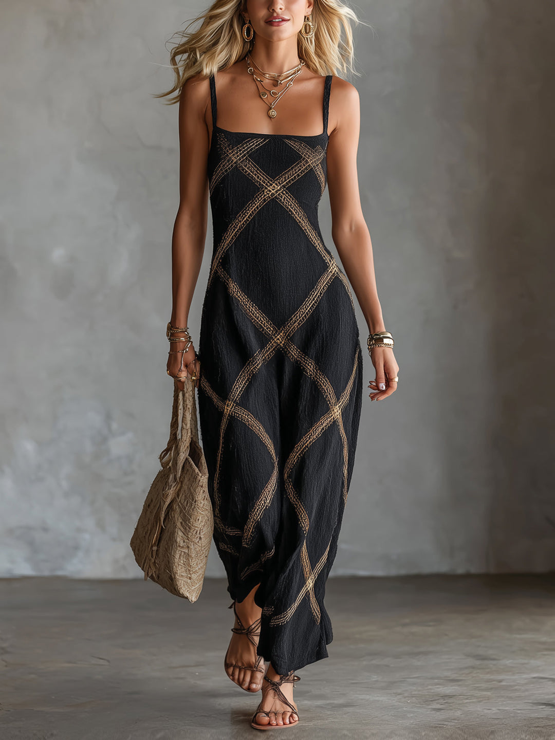 Renée – Geometrisches Kleid Schwarz Camel
