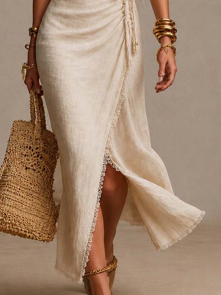 Clémence | Midi-Kleid aus natürlichem Leinen mit überkreuztem Ausschnitt und Spitze