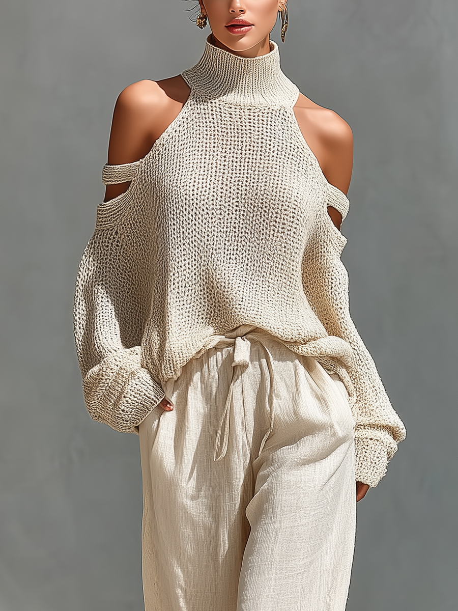 Thalia - Beiges Strick-Off-Shoulder-Turtleneck-Top &amp; Weite Hosen Set
