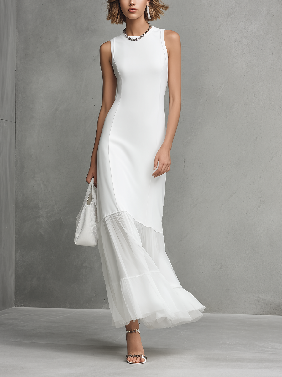 Elegantes weisses ärmelloses Kleid für Frauen aus Milchseide und Chiffon-Elementen