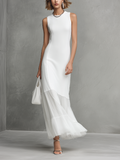 Elegantes weisses ärmelloses Kleid für Frauen aus Milchseide und Chiffon-Elementen