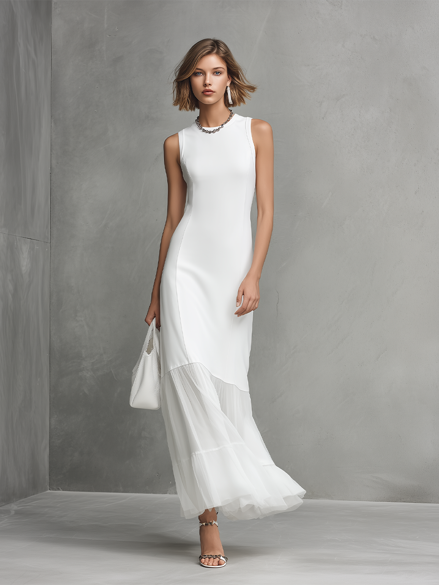 Elegantes weisses ärmelloses Kleid für Frauen aus Milchseide und Chiffon-Elementen