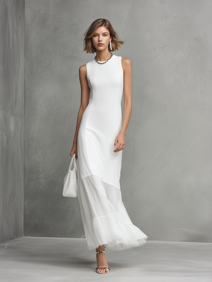 Elegantes weisses ärmelloses Kleid für Frauen aus Milchseide und Chiffon-Elementen