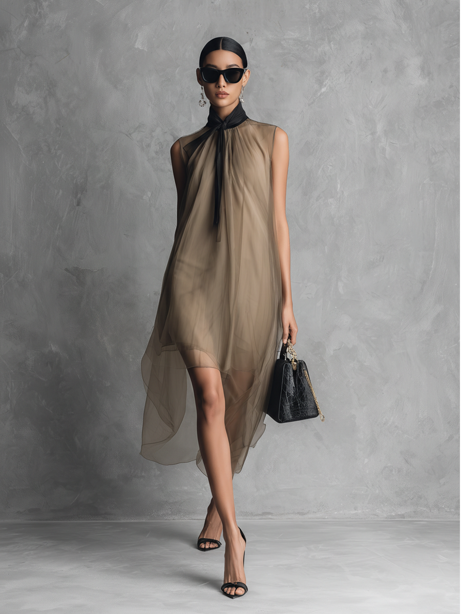 Beatrice - Leichtes Luxus Zweifarbiges Khaki- und Braunfarbiges Chiffon ärmelloses Kleid