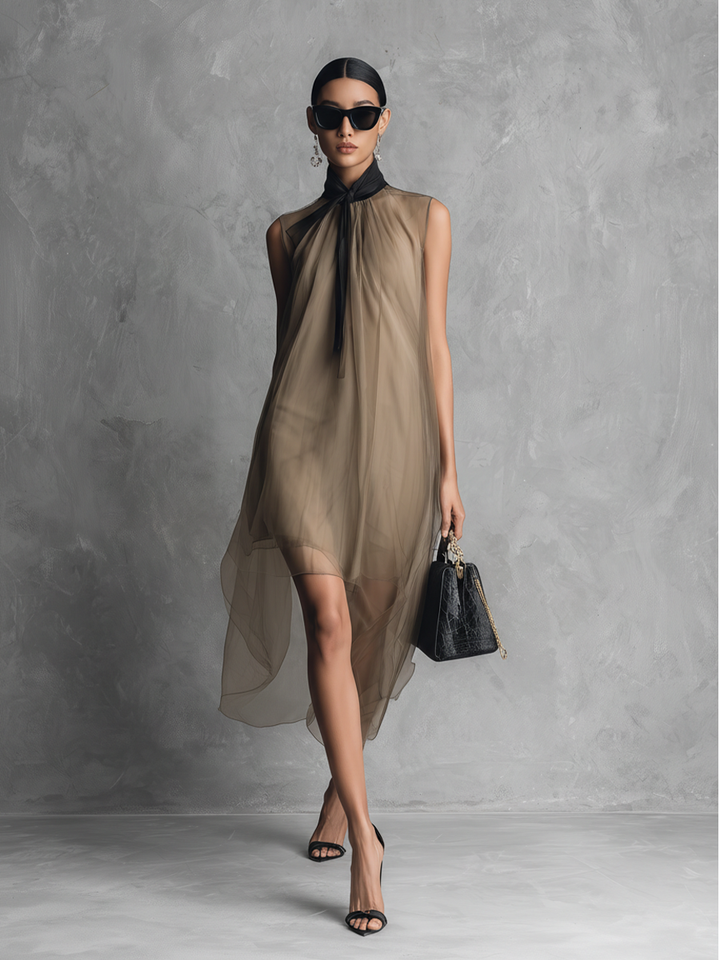 Beatrice - Leichtes Luxus Zweifarbiges Khaki- und Braunfarbiges Chiffon ärmelloses Kleid