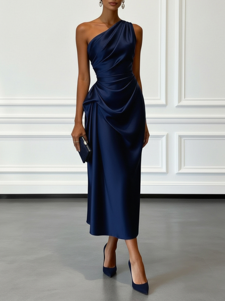 Caille - Champagner Satin Ein-Schulter Ärmelloses Rüschendes Midi-Kleid