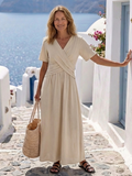 Alvara | V-Ausschnitt Kurzarm Wickel Taille Midi Kleid