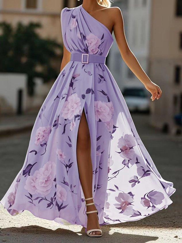 Sella - Rüschendes Ein-Schulter A-Linie Maxi Chiffon Kleid