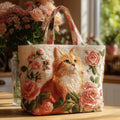 Handgefertigte Rote Katzen Tasche mit Rosa Rosen