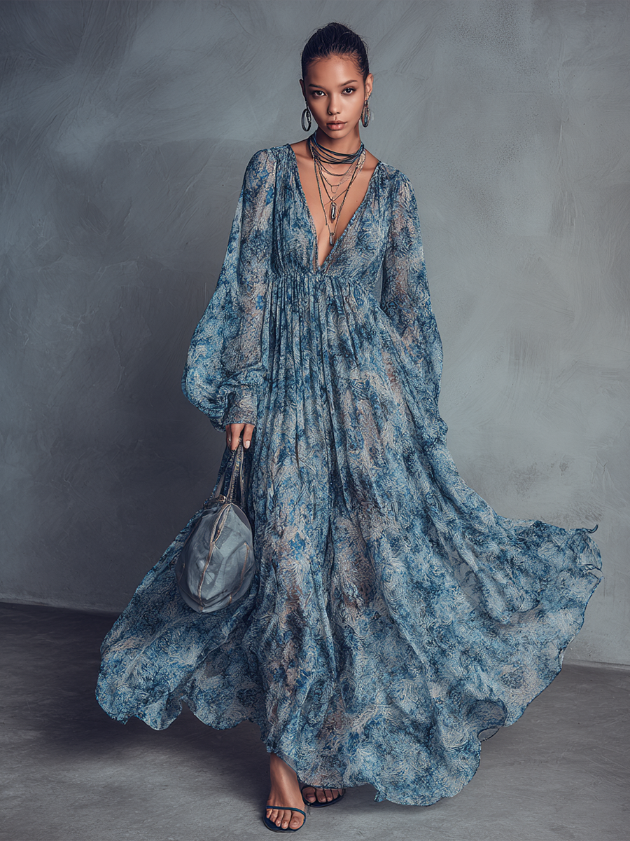 Grace - Bohemian Stil Blau Floral Druck Chiffon Maxikleid