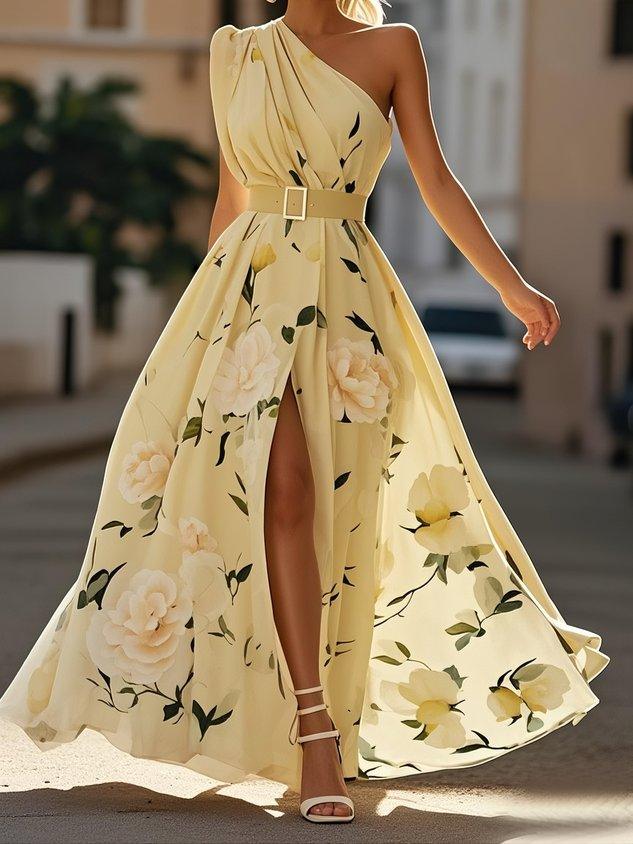 Sella - Rüschendes Ein-Schulter A-Linie Maxi Chiffon Kleid