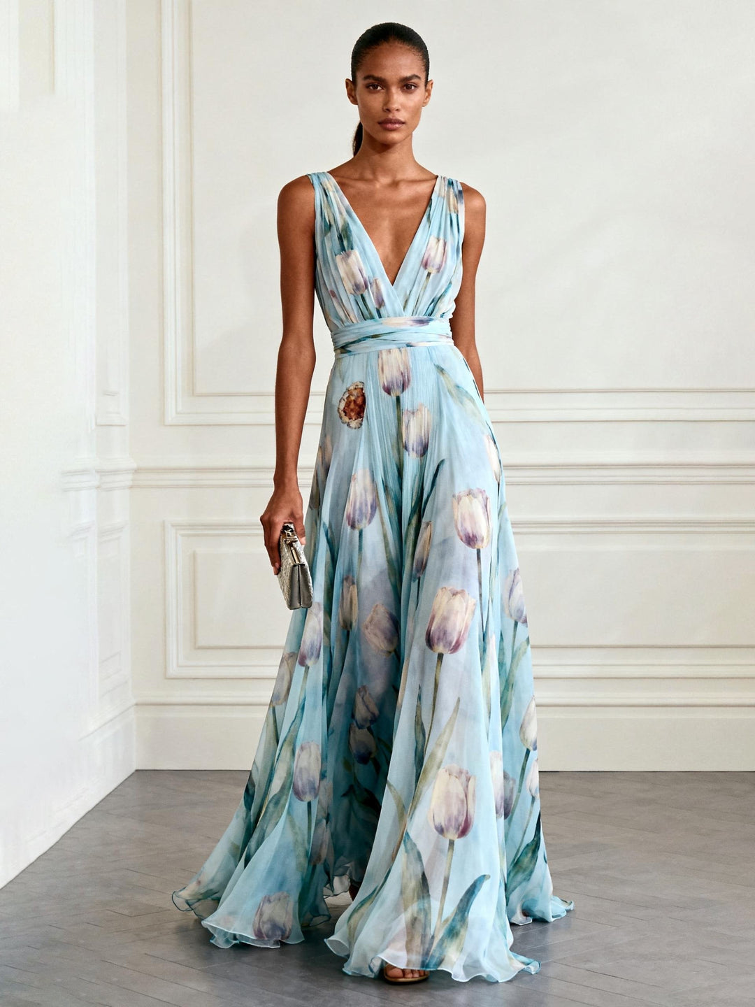 Nerea - Elegantes Maxikleid mit Tulpenmuster und V-Ausschnitt