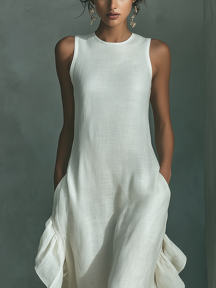 Sophie - Ivory Leinen Ärmelloses Maxikleid