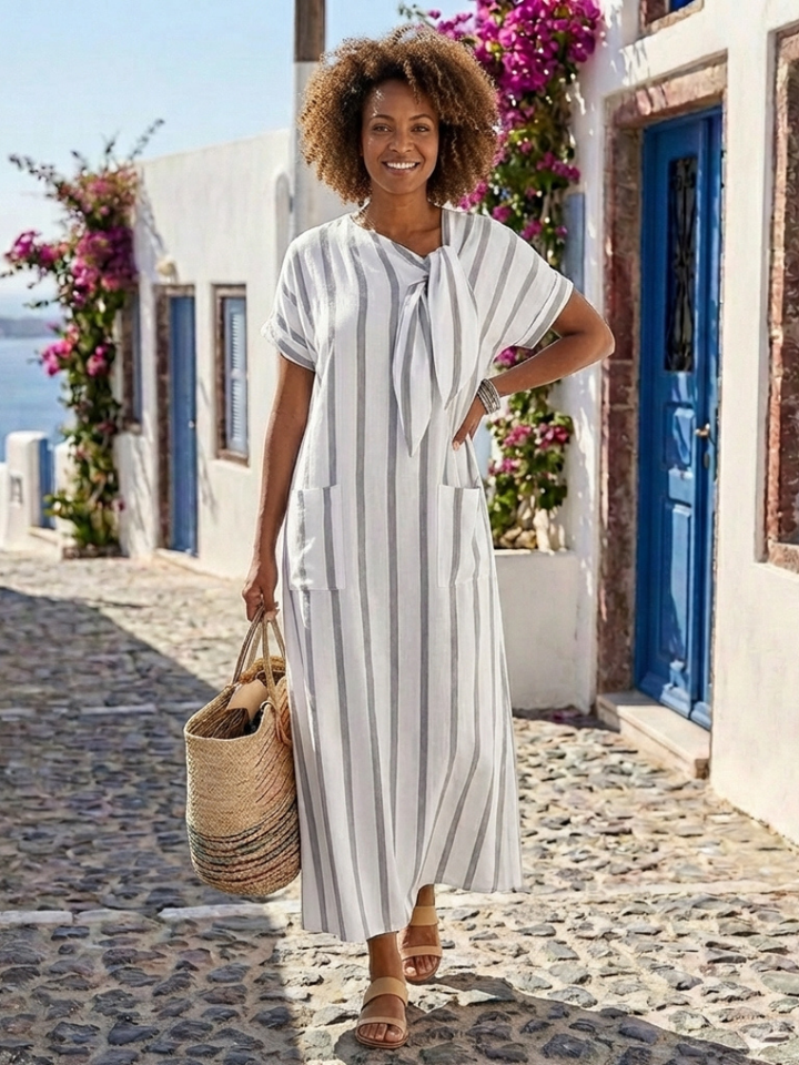 Elaris | Kurzärmliges gestreiftes Midi-Kleid mit Krawattenhals und Taschen