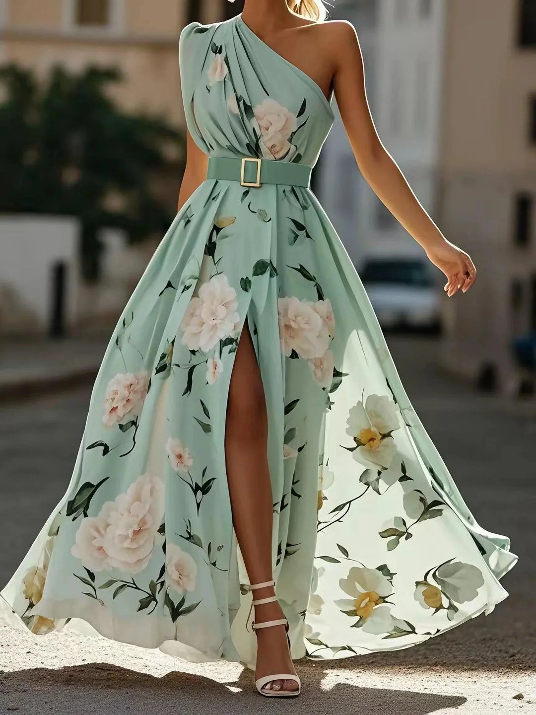 Sella - Rüschendes Ein-Schulter A-Linie Maxi Chiffon Kleid