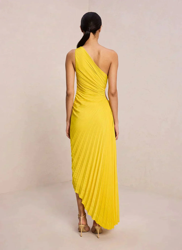 Sylviana - Ein Schulter Falten Midi Kleid