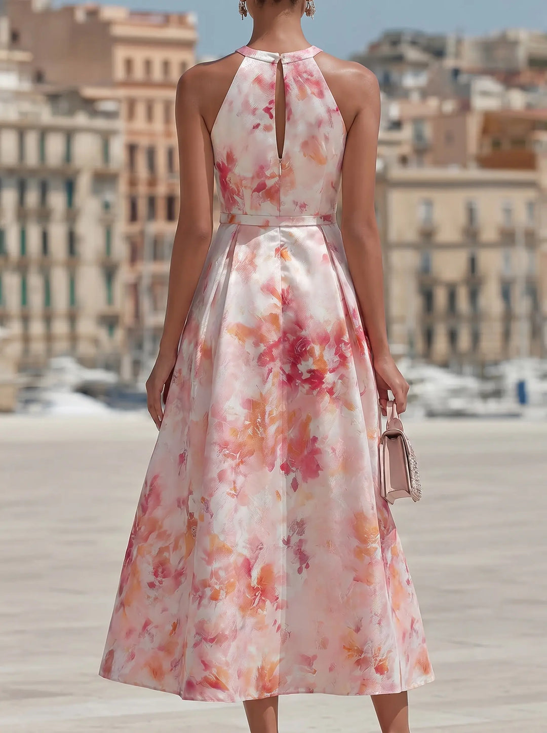 Violetta - Midi-Kleid mit Halter im Aquarell-Blumenmuster