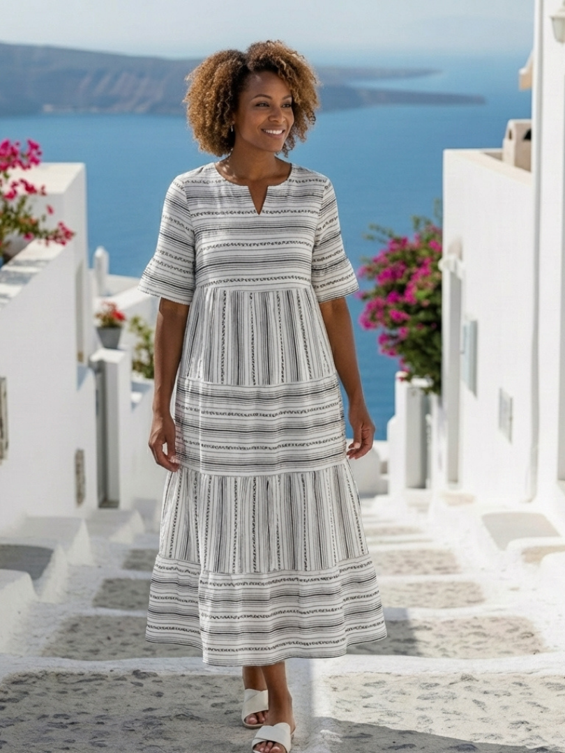 Parisa | Kurzärmliges gestreiftes Midi-Kleid