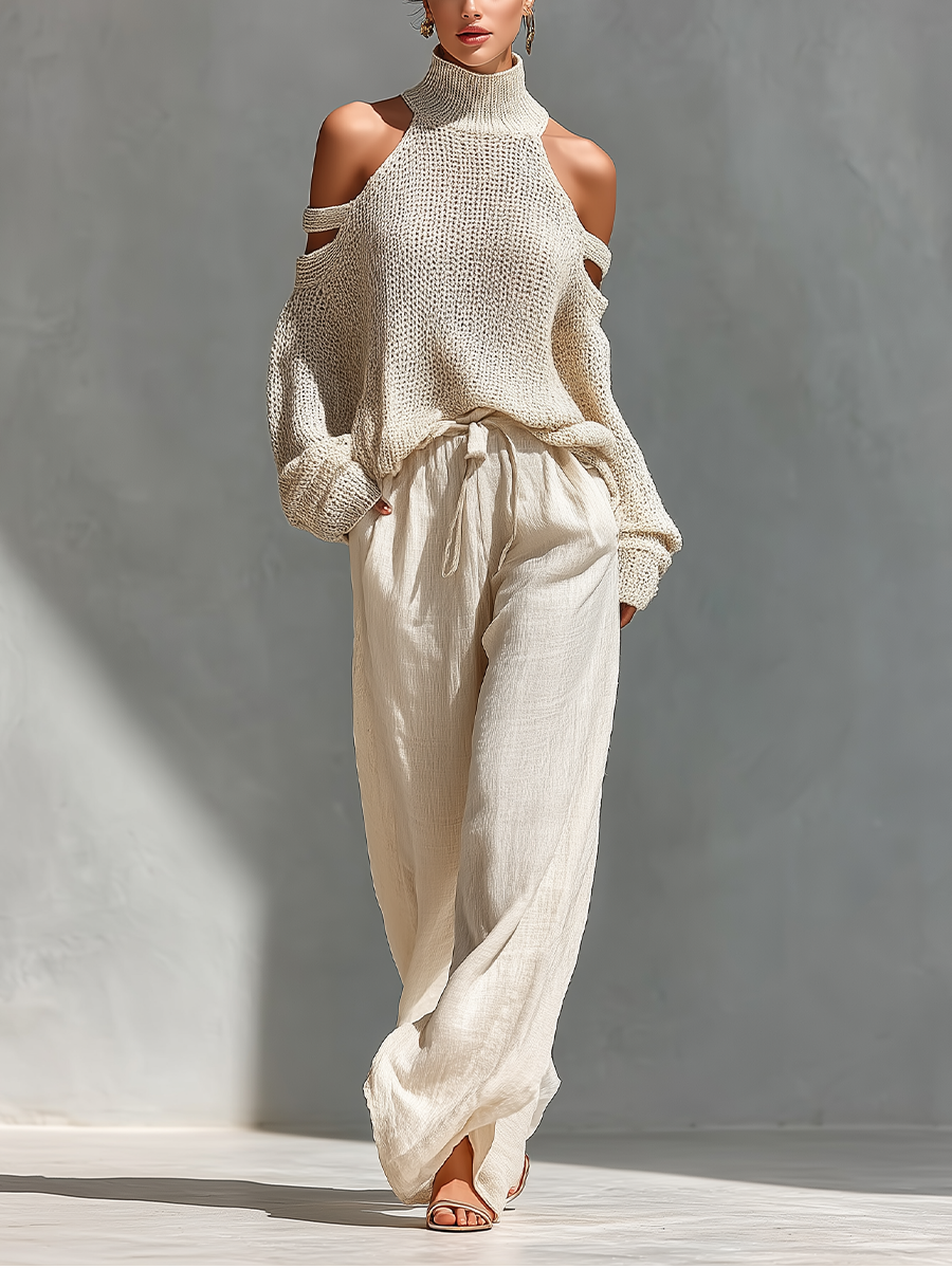 Thalia - Beiges Strick-Off-Shoulder-Turtleneck-Top &amp; Weite Hosen Set