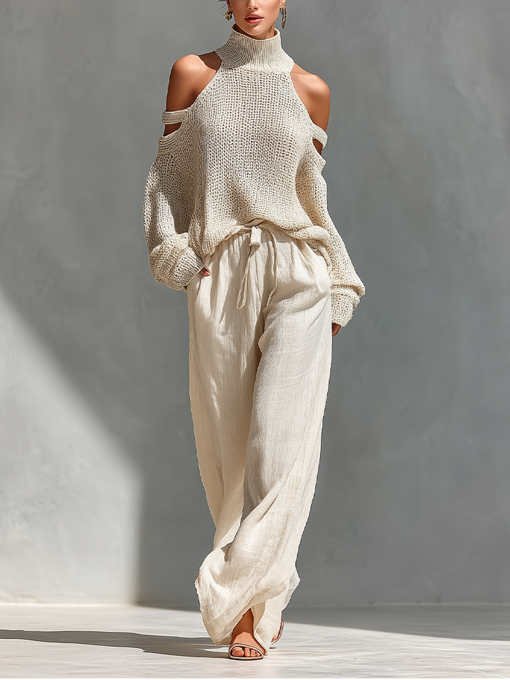 Thalia - Beiges Strick-Off-Shoulder-Turtleneck-Top &amp; Weite Hosen Set