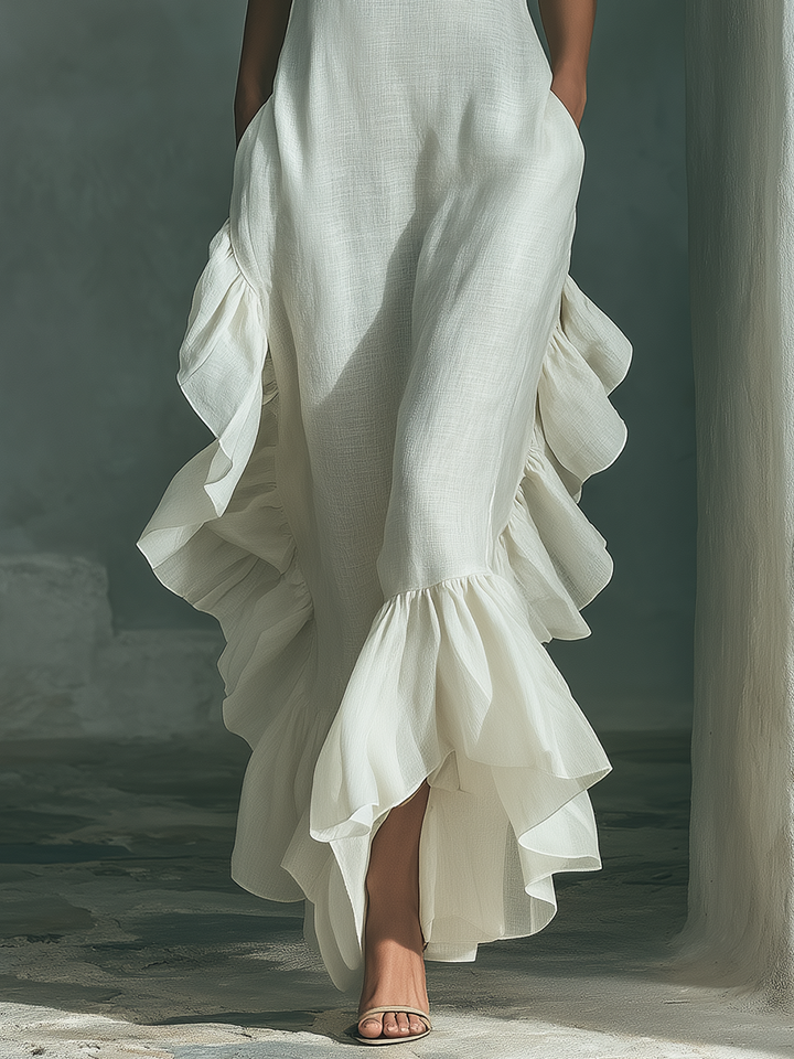 Sophie - Ivory Leinen Ärmelloses Maxikleid