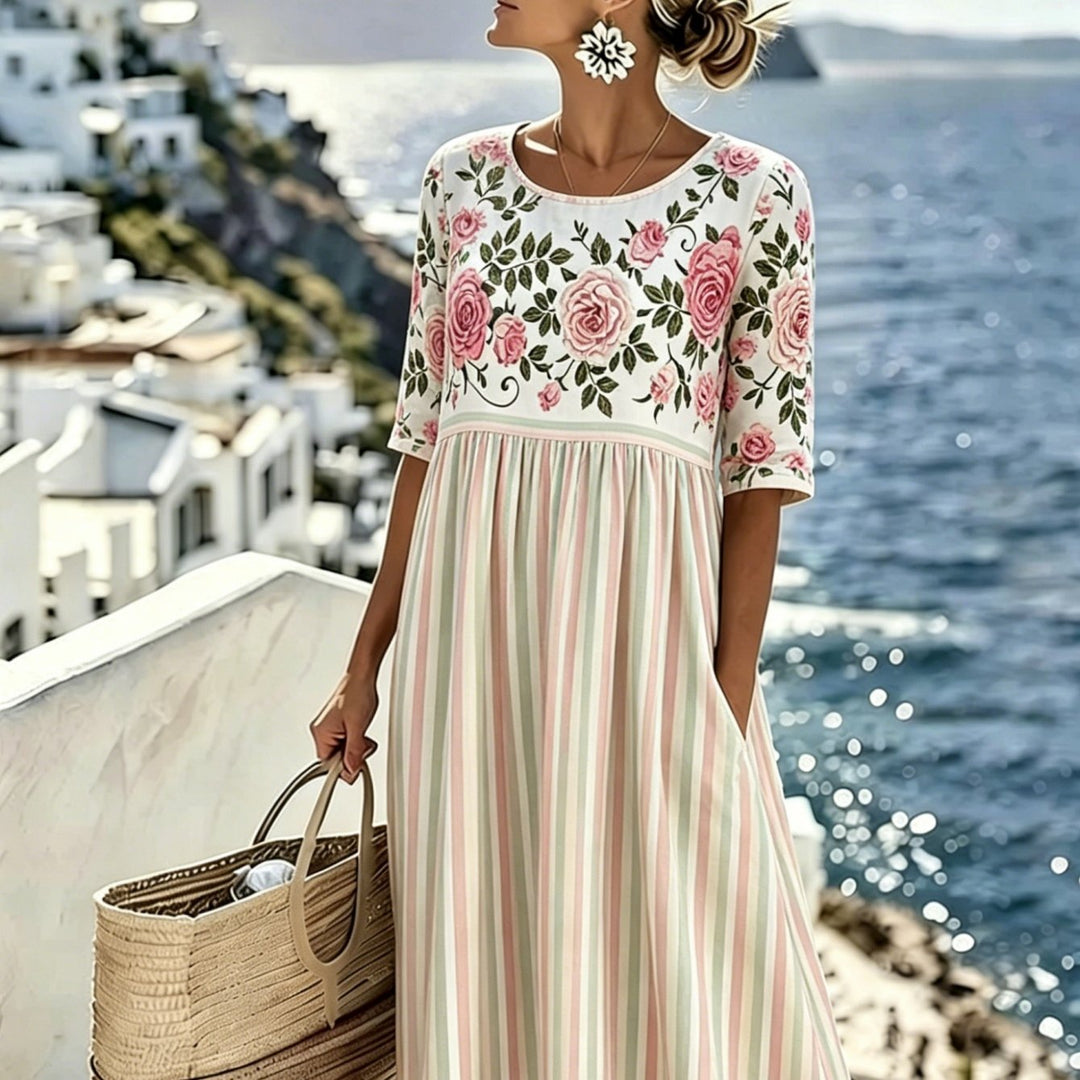 Elodie™ | Vintage Rose Stripe Midi Kleid