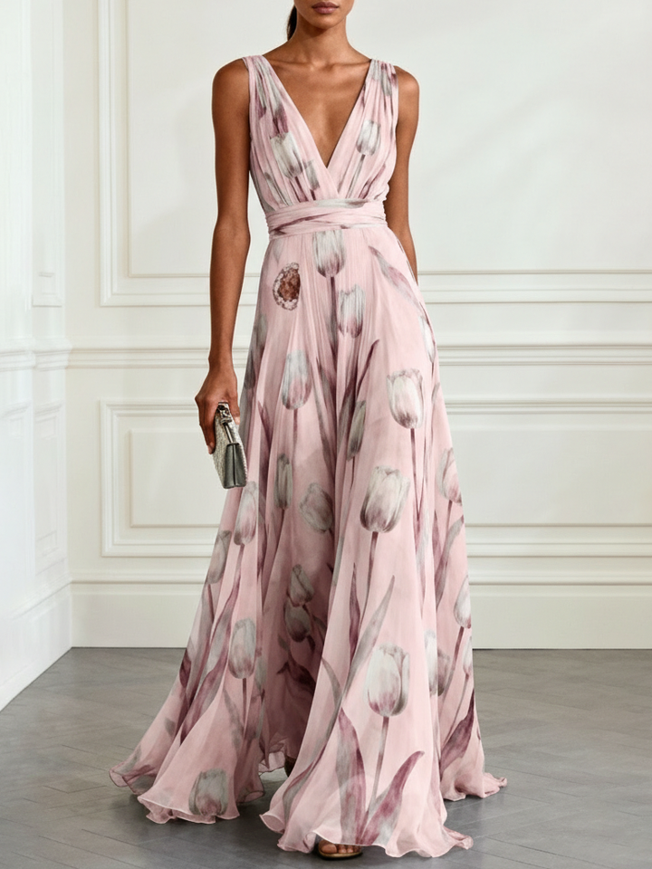 Nerea - Elegantes Maxikleid mit Tulpenmuster und V-Ausschnitt