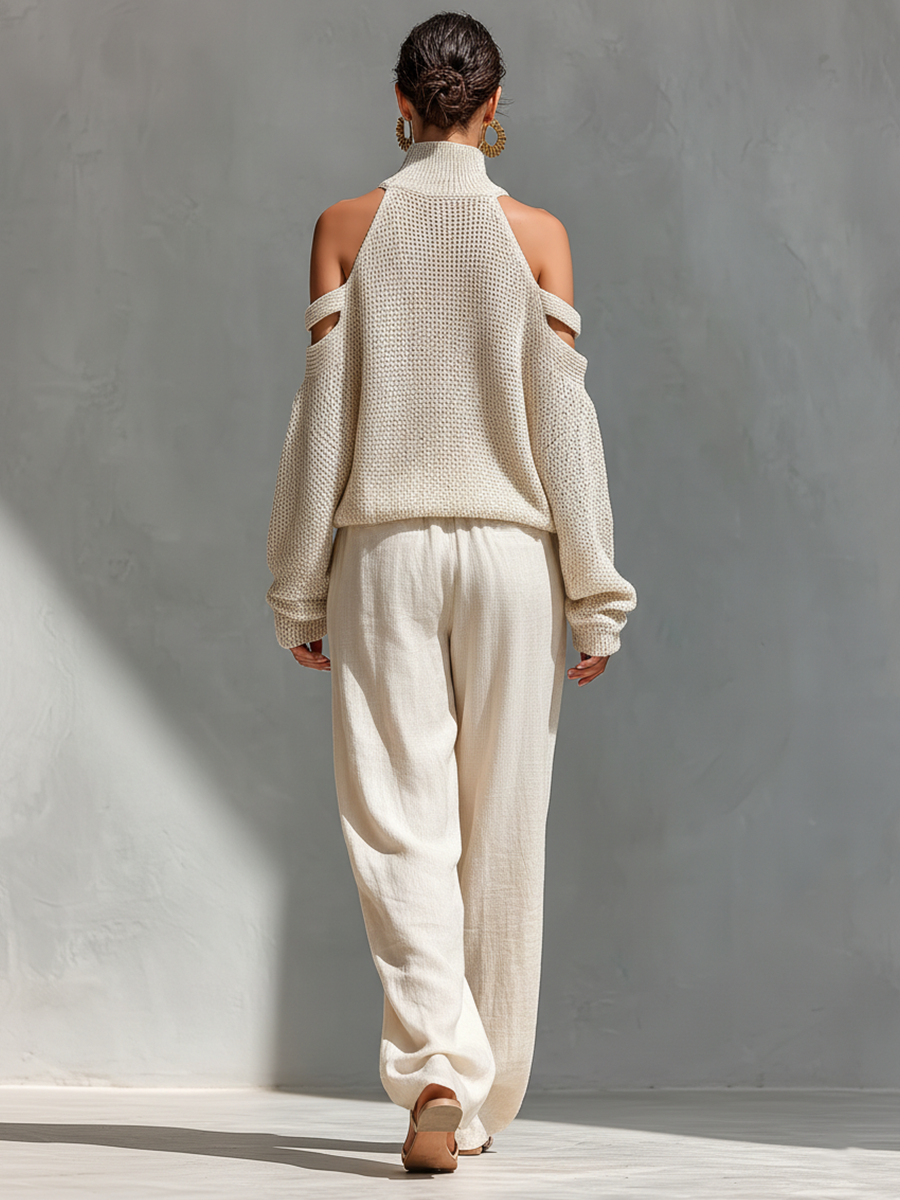 Thalia - Beiges Strick-Off-Shoulder-Turtleneck-Top &amp; Weite Hosen Set