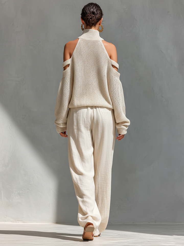 Thalia - Beiges Strick-Off-Shoulder-Turtleneck-Top &amp; Weite Hosen Set