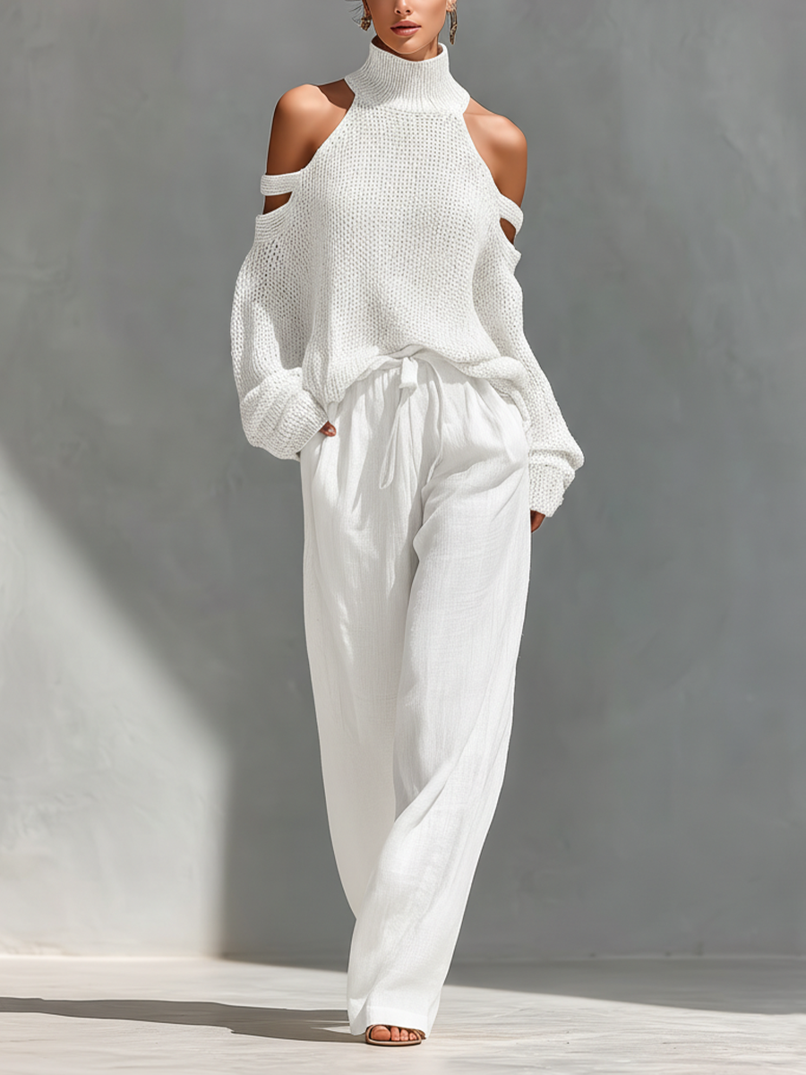 Thalia - Beiges Strick-Off-Shoulder-Turtleneck-Top &amp; Weite Hosen Set