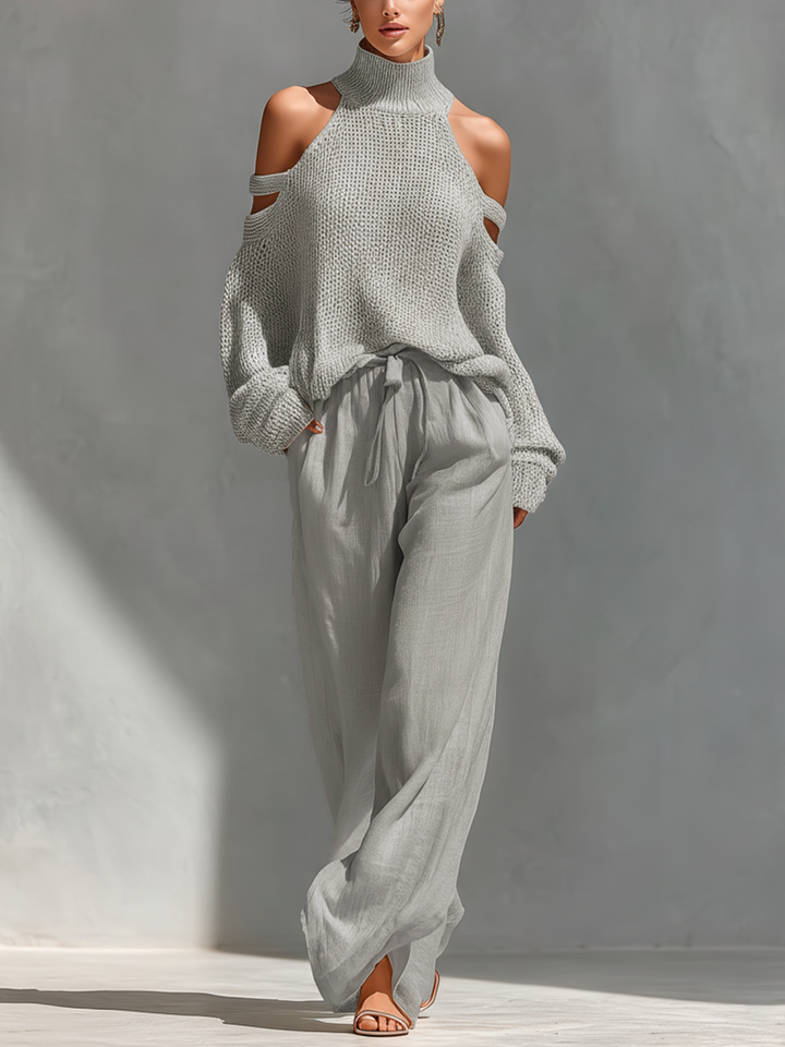 Thalia - Beiges Strick-Off-Shoulder-Turtleneck-Top &amp; Weite Hosen Set