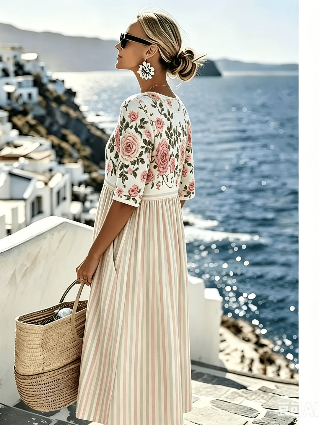 Elodie™ | Vintage Rose Stripe Midi Kleid