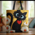 Handgefertigte schwarze Katzenhandtasche mit Herz und Margeriten
