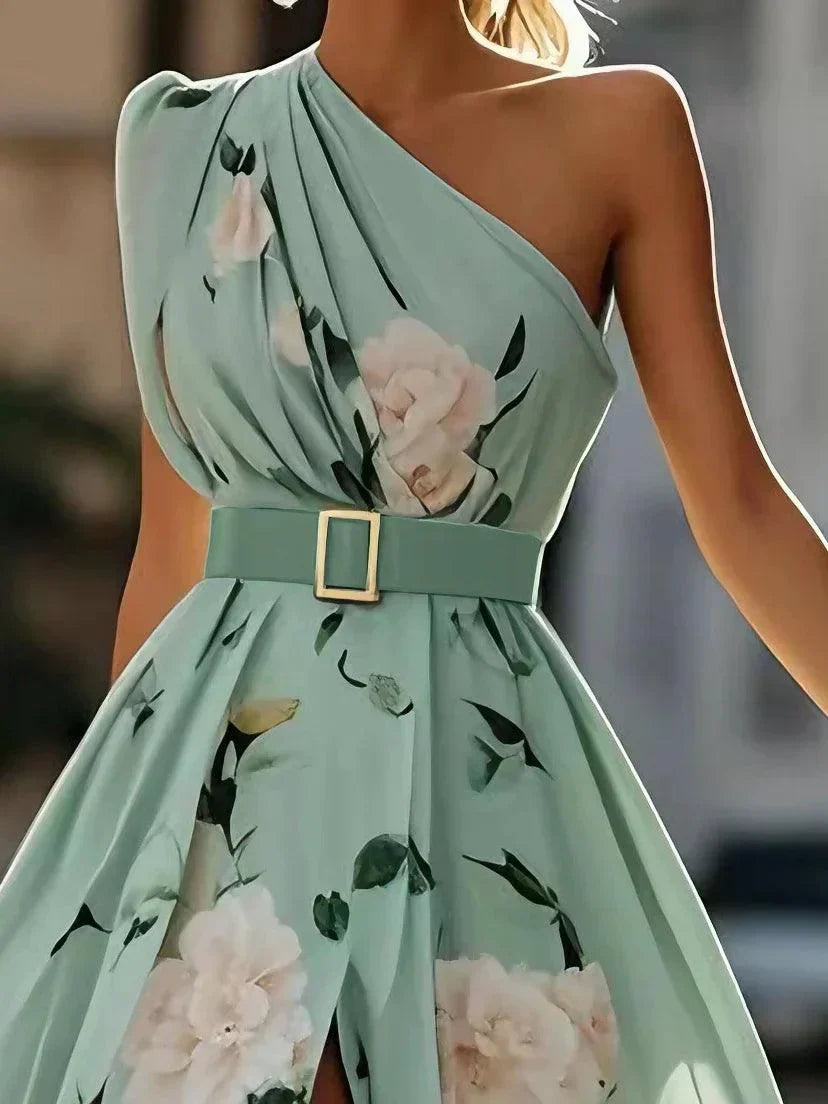 Sella - Rüschendes Ein-Schulter A-Linie Maxi Chiffon Kleid