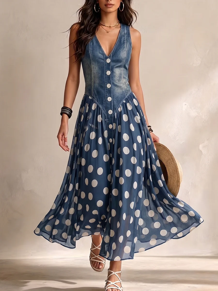 Beatrice | Schicke Jeanskleid mit Chiffonrock in Punkten