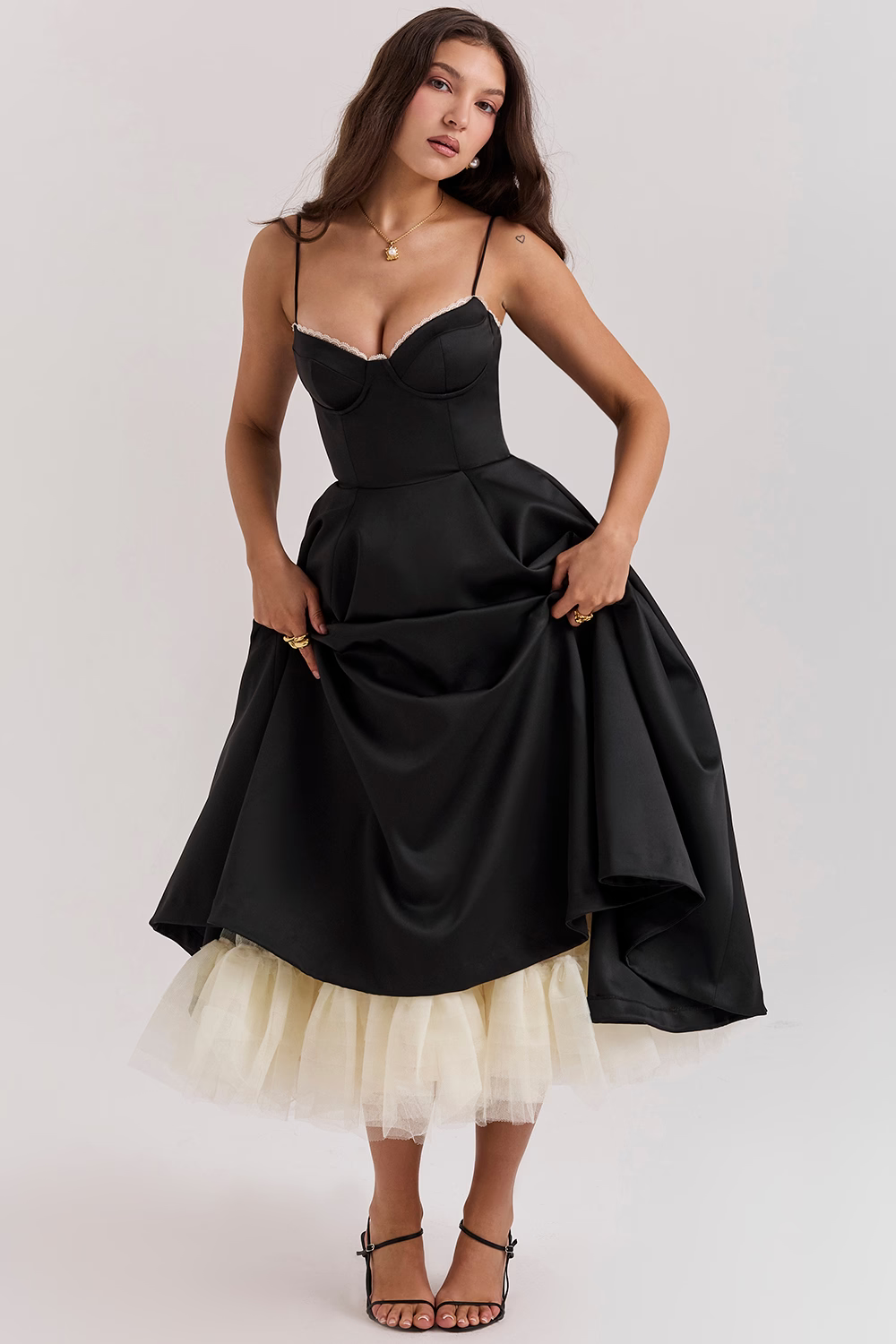 Luce - Satin Tüll Midi Kleid