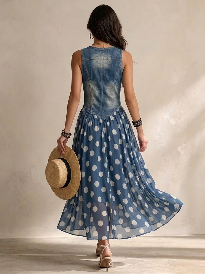Beatrice | Schicke Jeanskleid mit Chiffonrock in Punkten